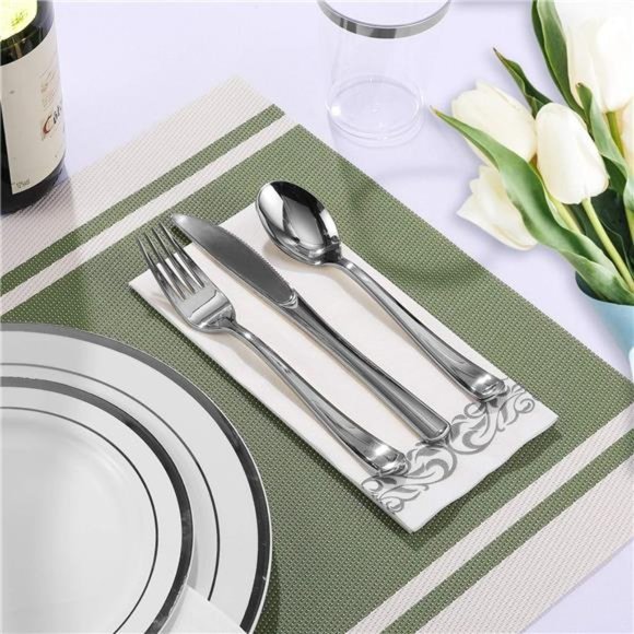 175pcs Silver Dinnerware Set for 25 Guests,Silver Rim Plastic Plates Disposable - Picture 6 of 7
